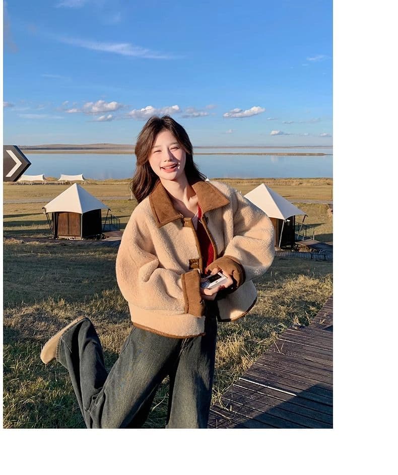두꺼운 470 그램 스웨이드 양털 플리스 복합 하나 피모 하나 수 있습니다. 양면 착용 양털 재킷 짧은 스웨이드 원단 상세 이미지 6