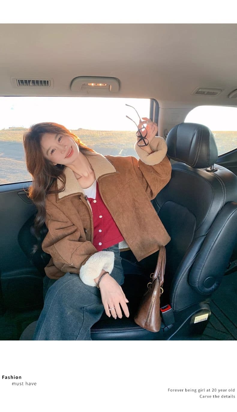 두꺼운 470 그램 스웨이드 양털 플리스 복합 하나 피모 하나 수 있습니다. 양면 착용 양털 재킷 짧은 스웨이드 원단 상세 이미지 8