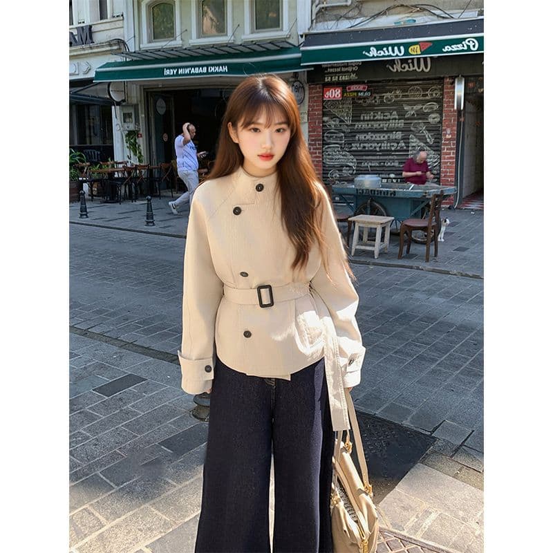 사선 무늬 셔틀 제직 원단 네리 주머니 하나 영국식 바람 스탠드 칼라 허리 수축 바람막이 여성 가을 미니멀리즘 쇼트 스타일 재킷
