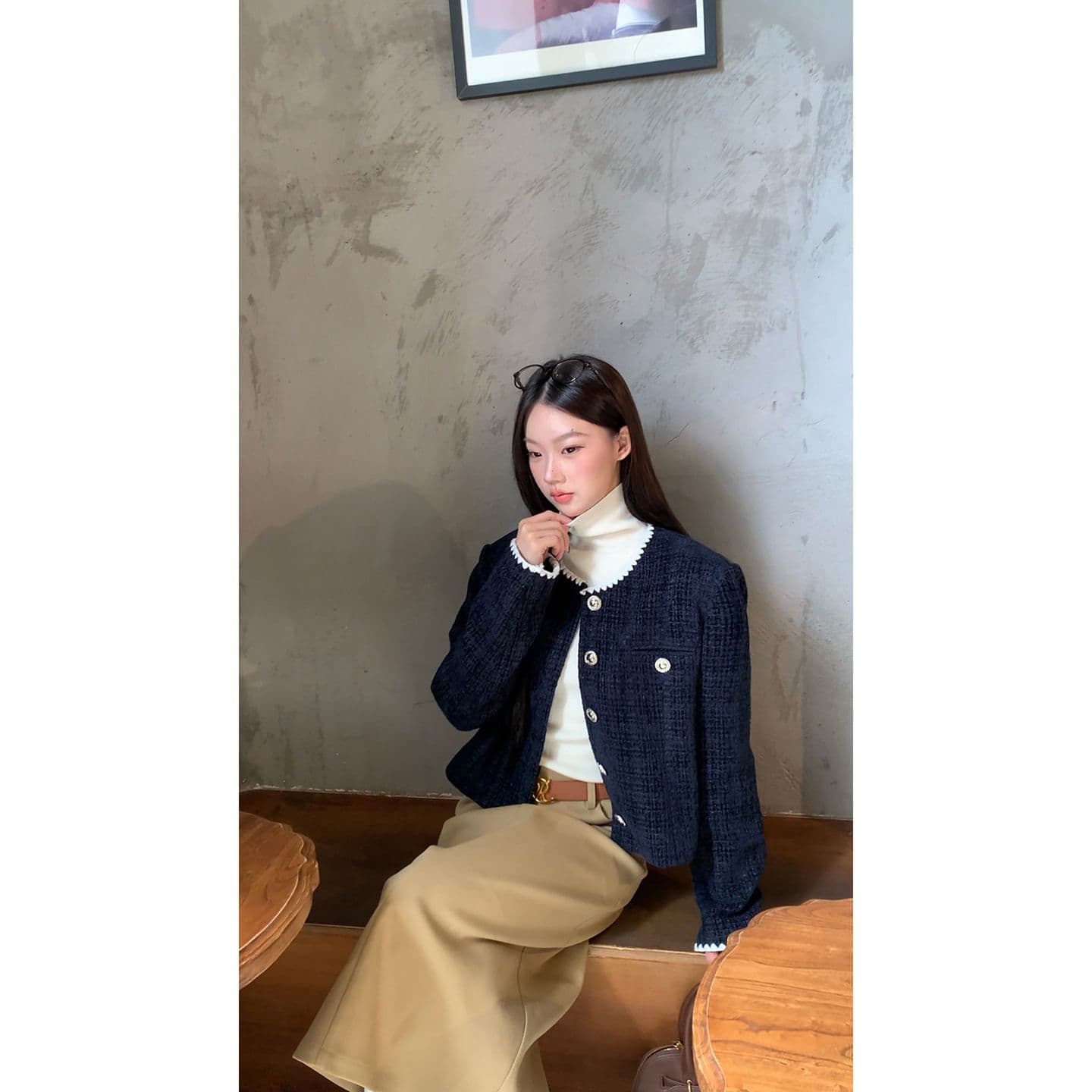 복합 두꺼운 모직물 원단 조개 자수 조금 향기로운 레트로 라운드 넥 긴팔 여성 코트 짧은 오픈 가디건 맨위 이미지 2
