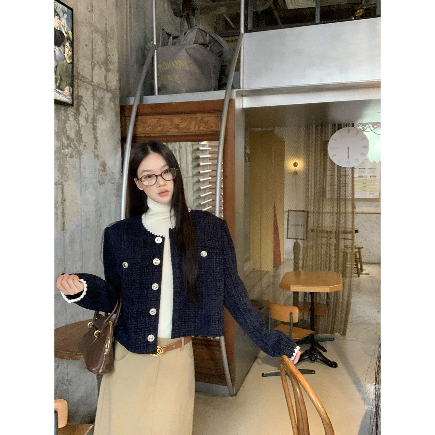 복합 두꺼운 모직물 원단 조개 자수 조금 향기로운 레트로 라운드 넥 긴팔 여성 코트 짧은 오픈 가디건 맨위 이미지 3