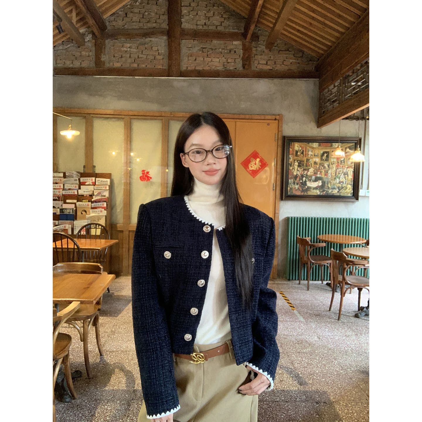 복합 두꺼운 모직물 원단 조개 자수 조금 향기로운 레트로 라운드 넥 긴팔 여성 코트 짧은 오픈 가디건 맨위