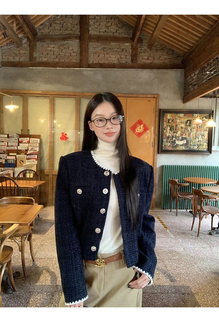 복합 두꺼운 모직물 원단 조개 자수 조금 향기로운 레트로 라운드 넥 긴팔 여성 코트 짧은 오픈 가디건 맨위 상세 이미지 2