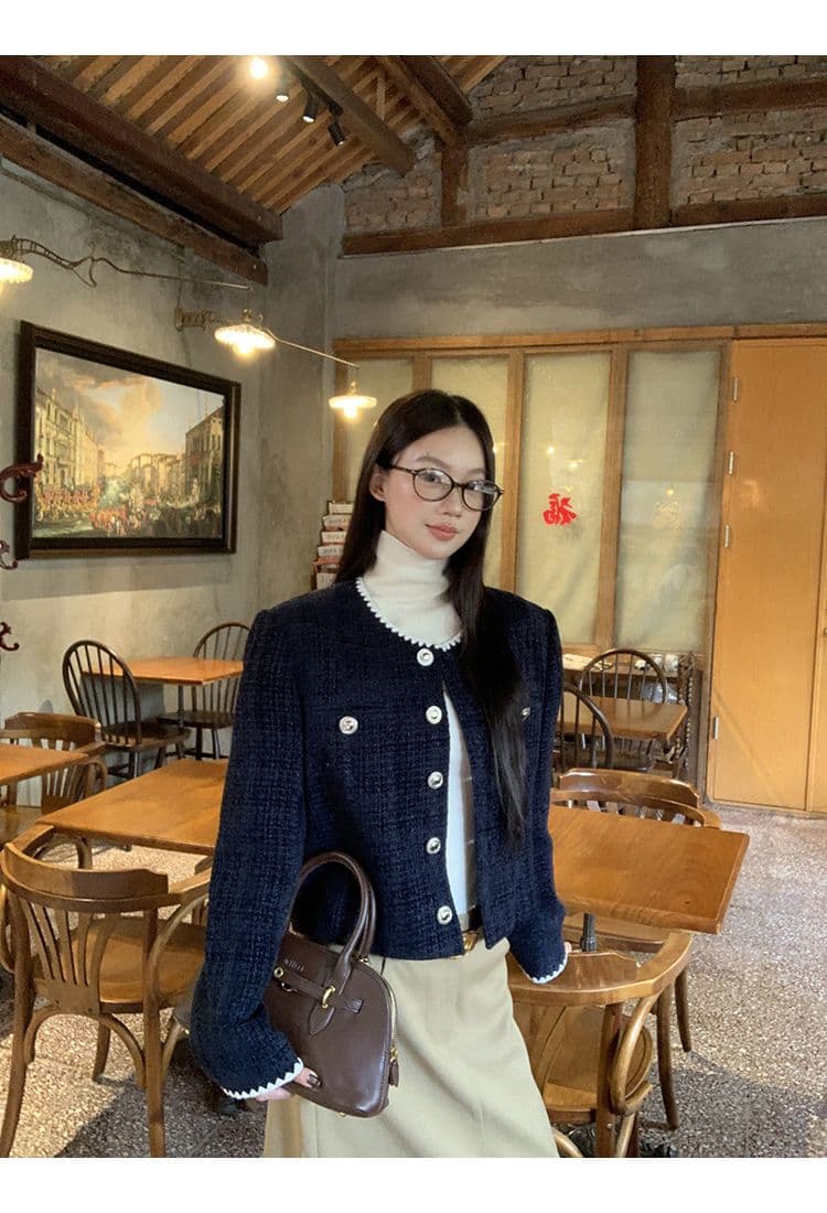 복합 두꺼운 모직물 원단 조개 자수 조금 향기로운 레트로 라운드 넥 긴팔 여성 코트 짧은 오픈 가디건 맨위 상세 이미지 3