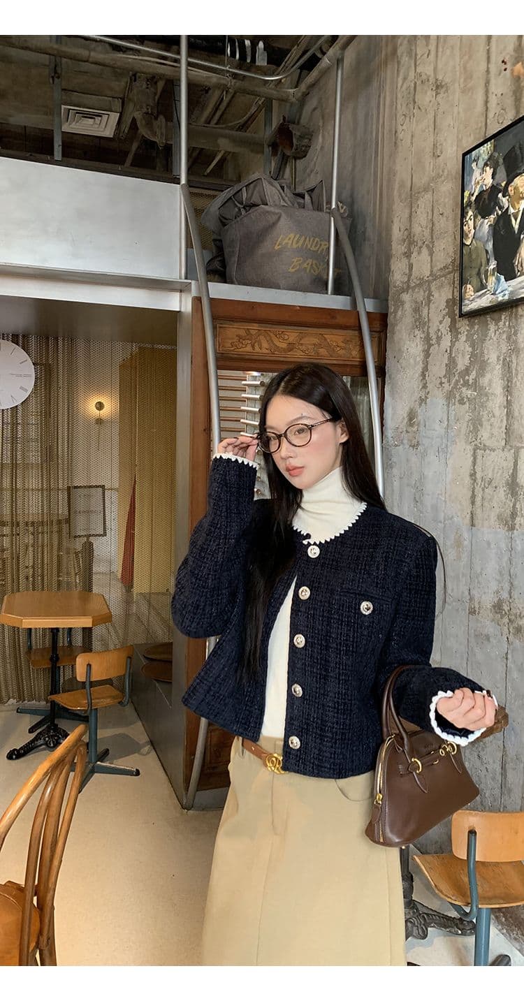 복합 두꺼운 모직물 원단 조개 자수 조금 향기로운 레트로 라운드 넥 긴팔 여성 코트 짧은 오픈 가디건 맨위 상세 이미지 5