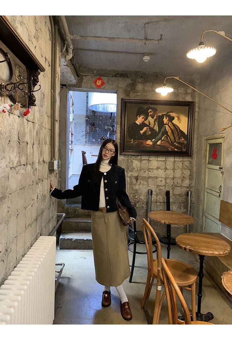 복합 두꺼운 모직물 원단 조개 자수 조금 향기로운 레트로 라운드 넥 긴팔 여성 코트 짧은 오픈 가디건 맨위 상세 이미지 6