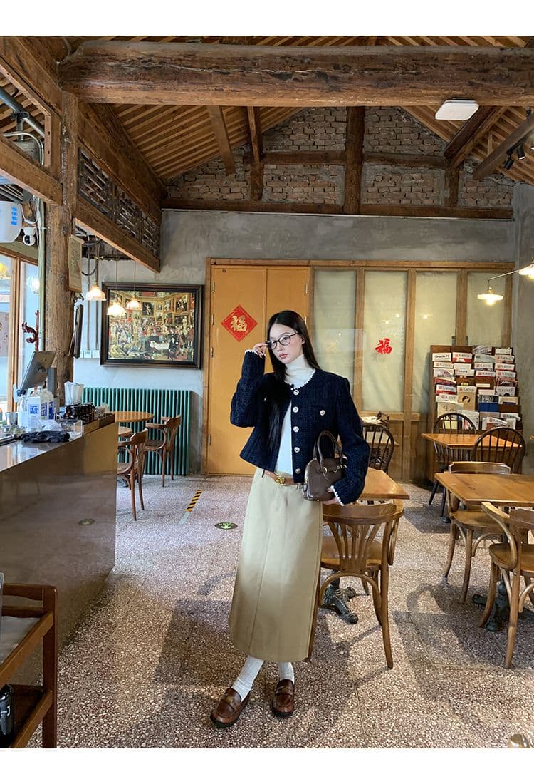 복합 두꺼운 모직물 원단 조개 자수 조금 향기로운 레트로 라운드 넥 긴팔 여성 코트 짧은 오픈 가디건 맨위 상세 이미지 9