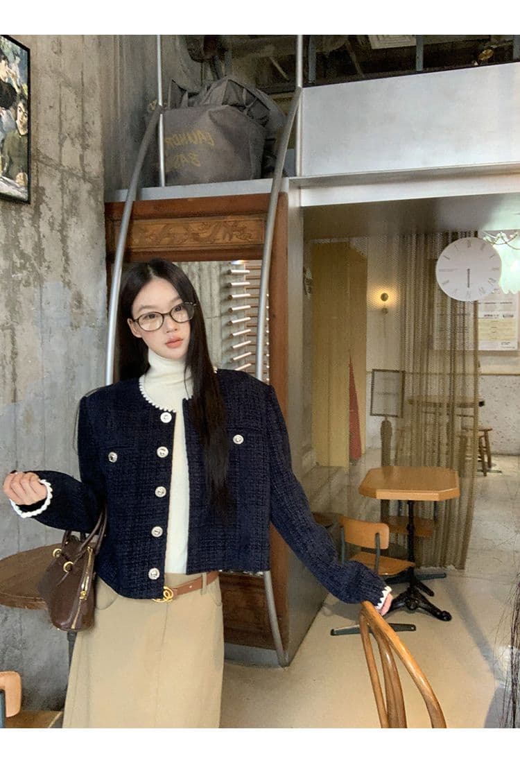 복합 두꺼운 모직물 원단 조개 자수 조금 향기로운 레트로 라운드 넥 긴팔 여성 코트 짧은 오픈 가디건 맨위 상세 이미지 10