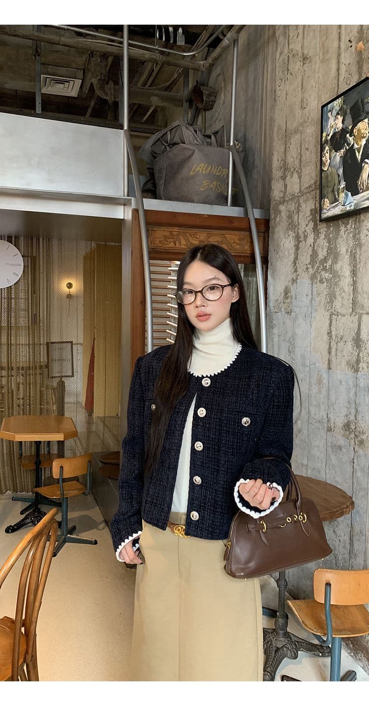 복합 두꺼운 모직물 원단 조개 자수 조금 향기로운 레트로 라운드 넥 긴팔 여성 코트 짧은 오픈 가디건 맨위 상세 이미지 11