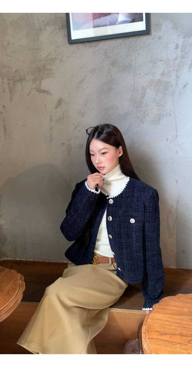 복합 두꺼운 모직물 원단 조개 자수 조금 향기로운 레트로 라운드 넥 긴팔 여성 코트 짧은 오픈 가디건 맨위 상세 이미지 13