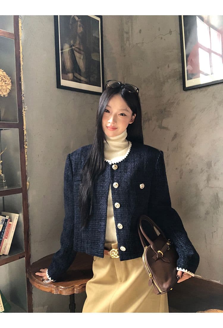 복합 두꺼운 모직물 원단 조개 자수 조금 향기로운 레트로 라운드 넥 긴팔 여성 코트 짧은 오픈 가디건 맨위 상세 이미지 14