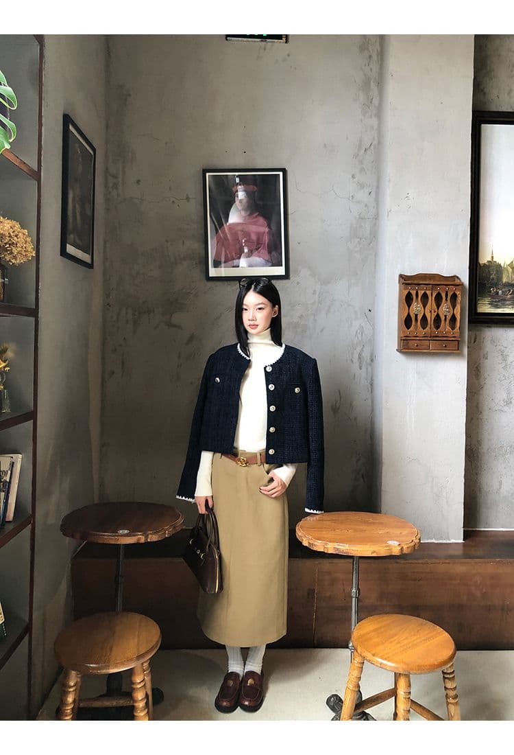 복합 두꺼운 모직물 원단 조개 자수 조금 향기로운 레트로 라운드 넥 긴팔 여성 코트 짧은 오픈 가디건 맨위 상세 이미지 15
