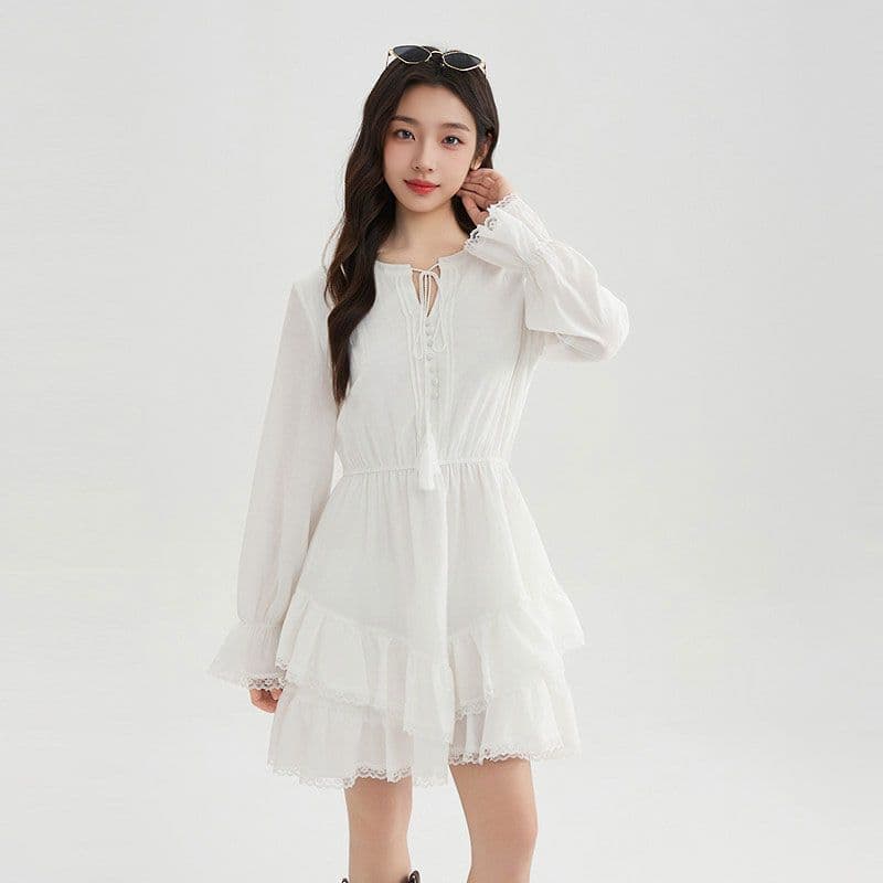 천 실크 주름 네리 참나무 늑골 소녀 센스 홀로우 아웃 레이스업 v 칼라 허리 수축 프릴 화이트 쇼트 스타일 드레스 이미지 2