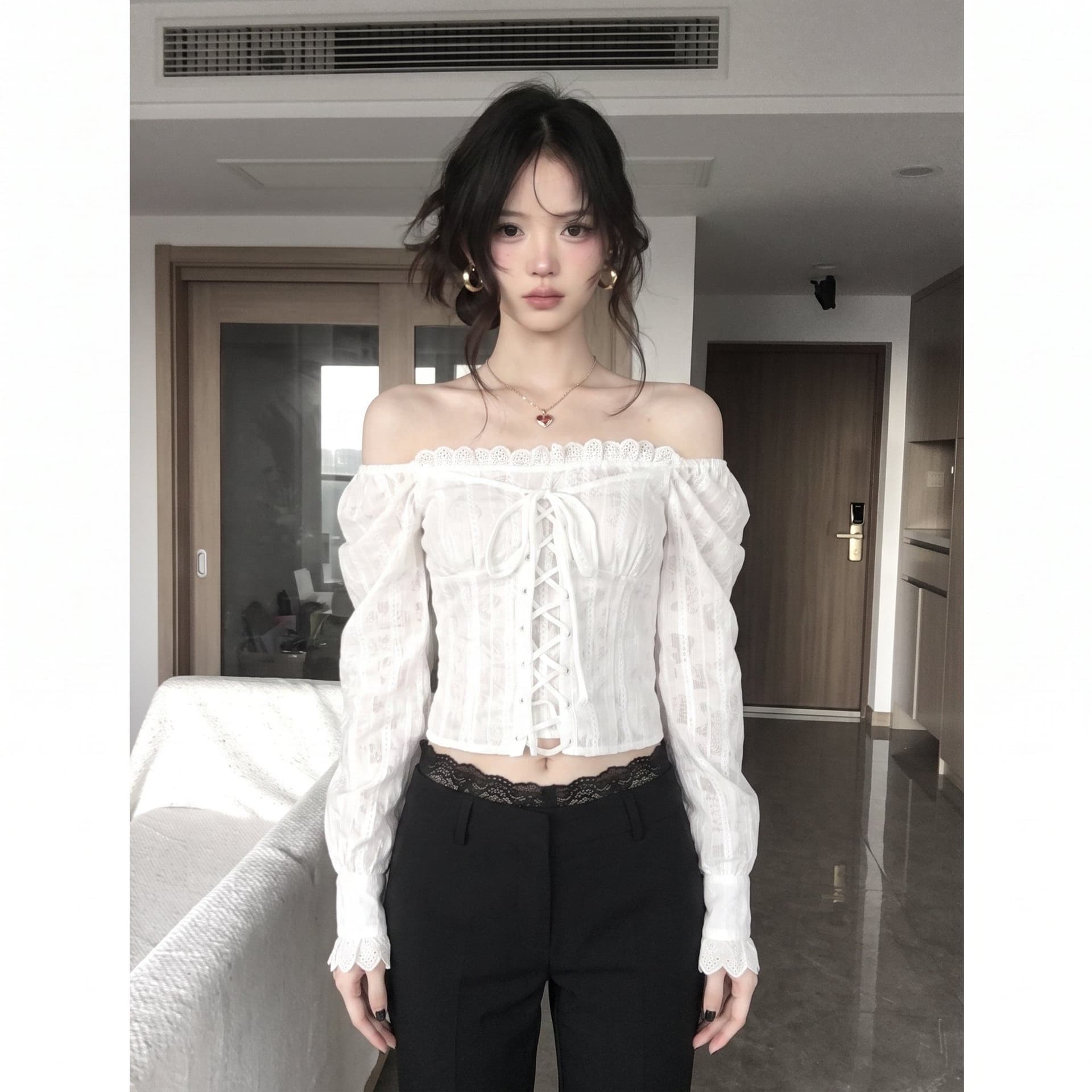 포함 면 원단 지퍼 명중 가져 가라. 프랑스식 복잡한 고대 칼라 자카드 원단 스트랩 거품 소매 쇼트 스타일 작은 셔츠 상세 이미지 5