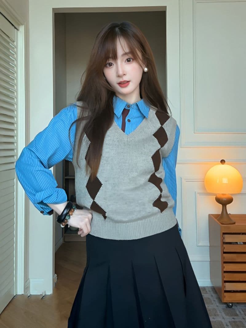 레트로 학원 스타일 링 그리드 V넥 민소매 니트 조끼 여자 가을 겨울 느긋한 셔츠 스택 착용 어깨 스웨터 조끼 상세 이미지 2