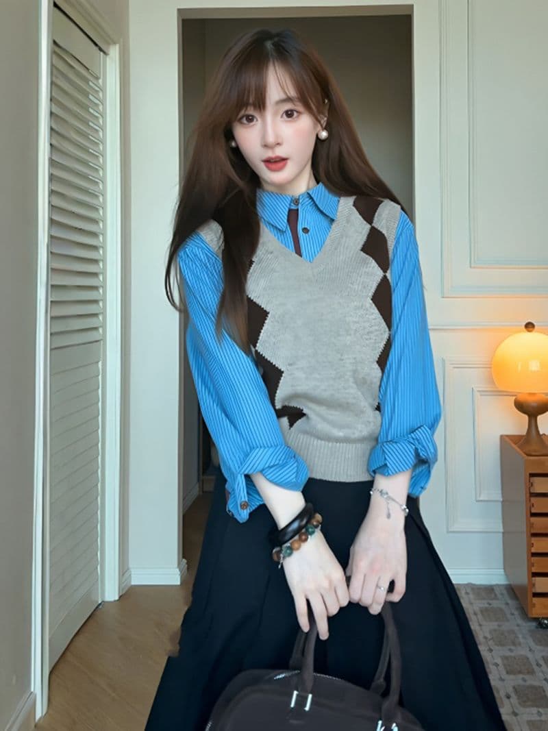 레트로 학원 스타일 링 그리드 V넥 민소매 니트 조끼 여자 가을 겨울 느긋한 셔츠 스택 착용 어깨 스웨터 조끼 상세 이미지 3