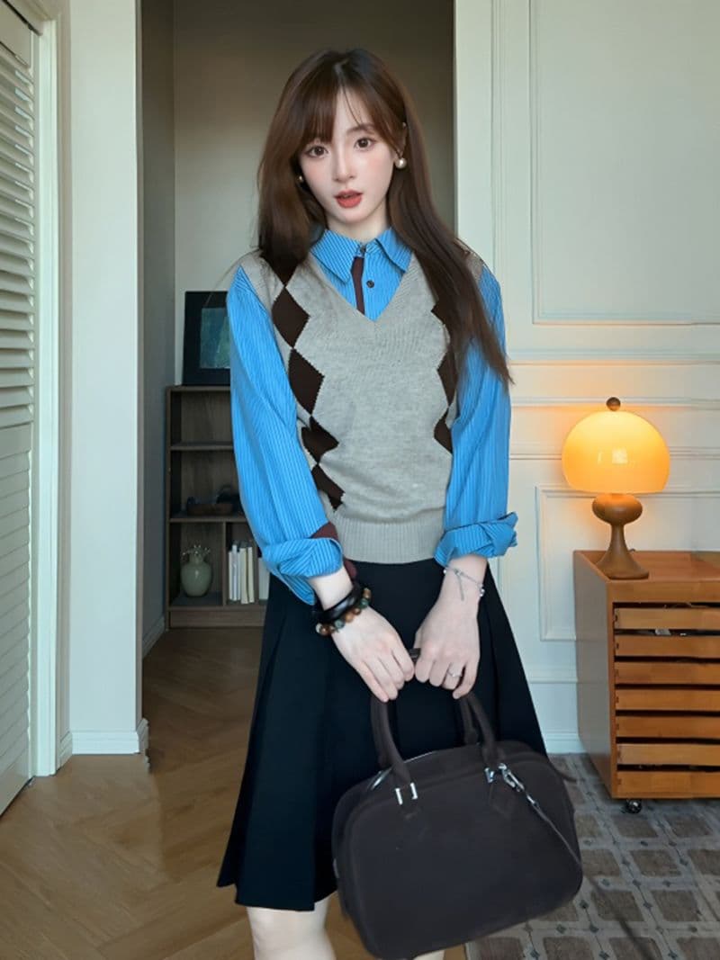 레트로 학원 스타일 링 그리드 V넥 민소매 니트 조끼 여자 가을 겨울 느긋한 셔츠 스택 착용 어깨 스웨터 조끼 상세 이미지 4