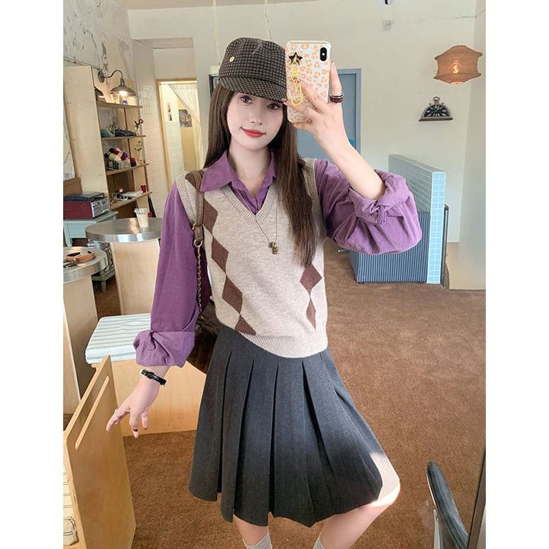레트로 학원 스타일 링 그리드 V넥 민소매 니트 조끼 여자 가을 겨울 느긋한 셔츠 스택 착용 어깨 스웨터 조끼 상세 이미지 6