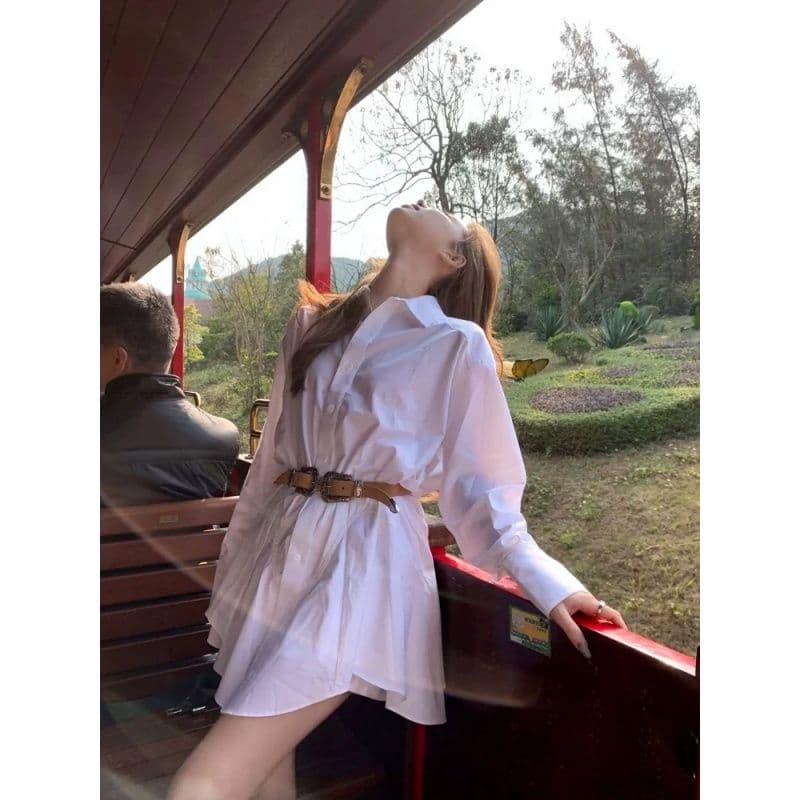 원본 품질 것 프랑스식 화이트 폴로 칼라 긴팔 셔츠 드레스 반바지 세트 여성 디자인 센스 치마 이미지 2