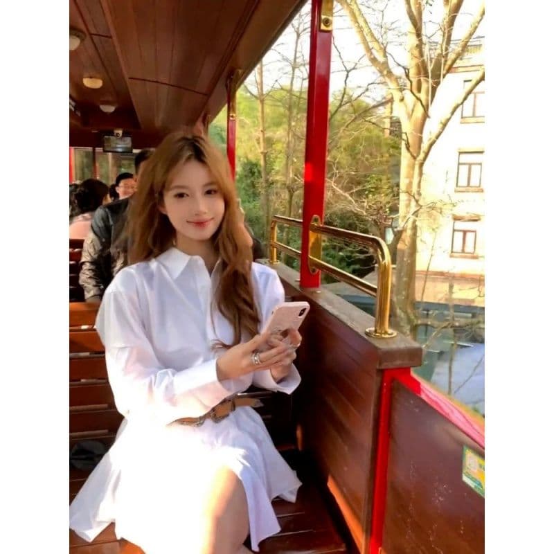 원본 품질 것 프랑스식 화이트 폴로 칼라 긴팔 셔츠 드레스 반바지 세트 여성 디자인 센스 치마 이미지 5