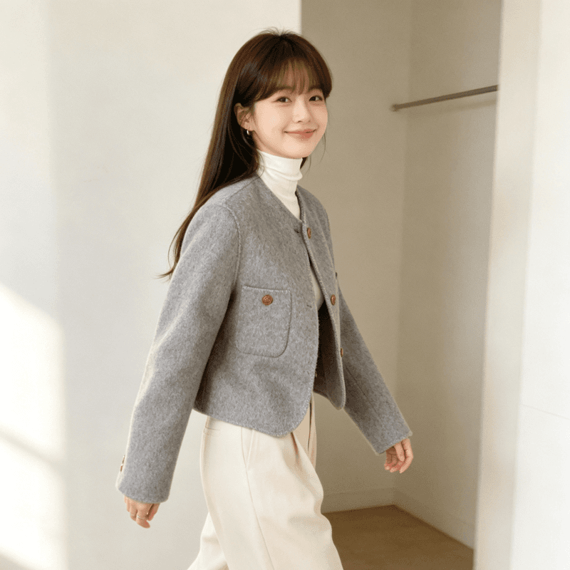 프랑스식 단색 학원 그는 벤 작은 샤넬 스타일 모직 여성 코트 가을 겨울 새로운 두꺼운 고급 센스 잘 생긴 ~ 중 맨위 상세 이미지 2