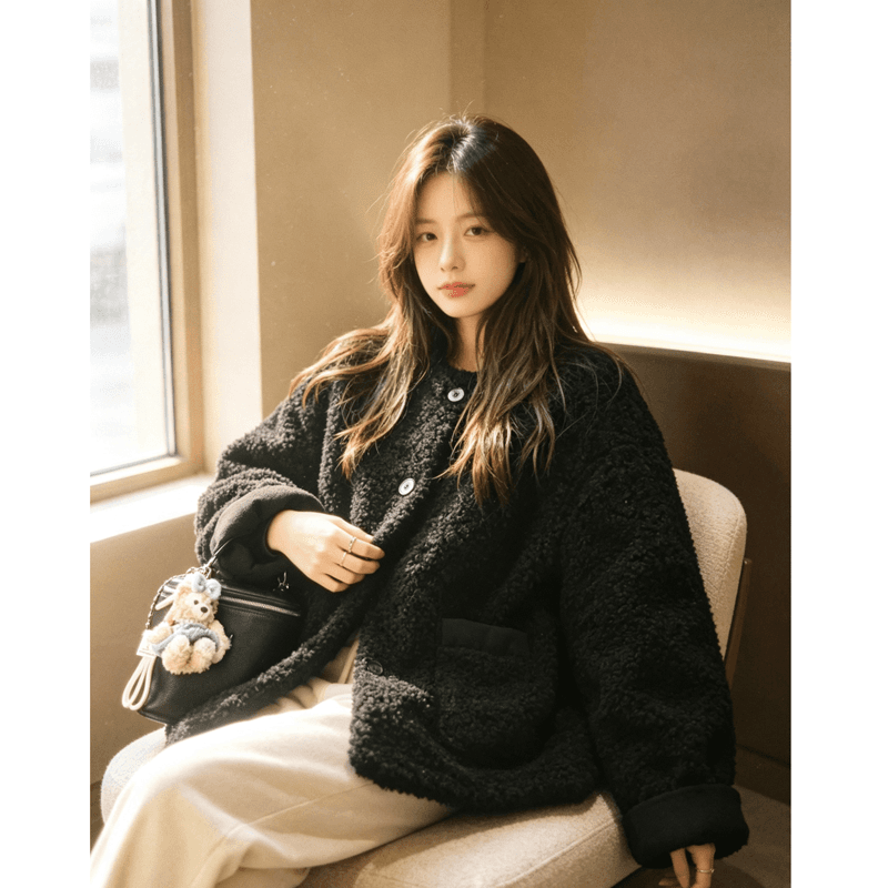 느긋한 바람 양털 여성 코트 2026 가을 겨울철 새로운 루즈핏 두꺼운 피모 하나 캐주얼 연령 감소 맨위 이미지 4