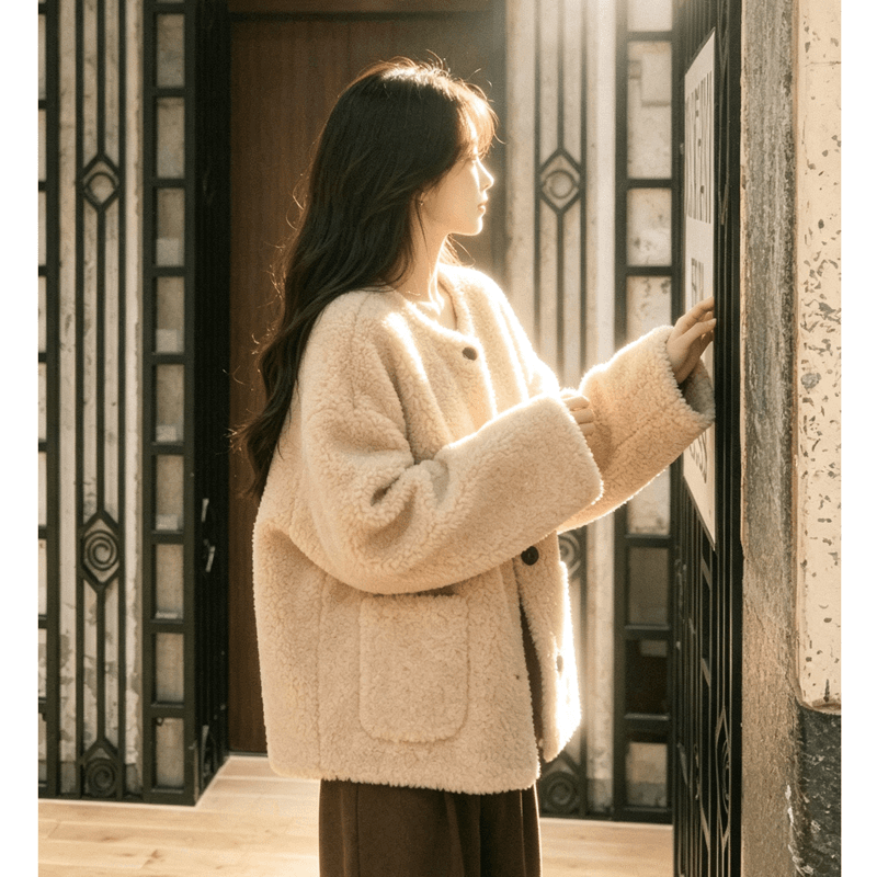 느긋한 바람 양털 여성 코트 2026 가을 겨울철 새로운 루즈핏 두꺼운 피모 하나 캐주얼 연령 감소 맨위 상세 이미지 4