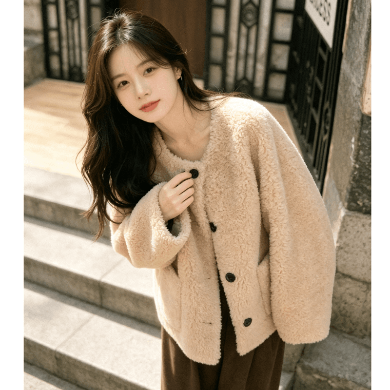 느긋한 바람 양털 여성 코트 2026 가을 겨울철 새로운 루즈핏 두꺼운 피모 하나 캐주얼 연령 감소 맨위 상세 이미지 5