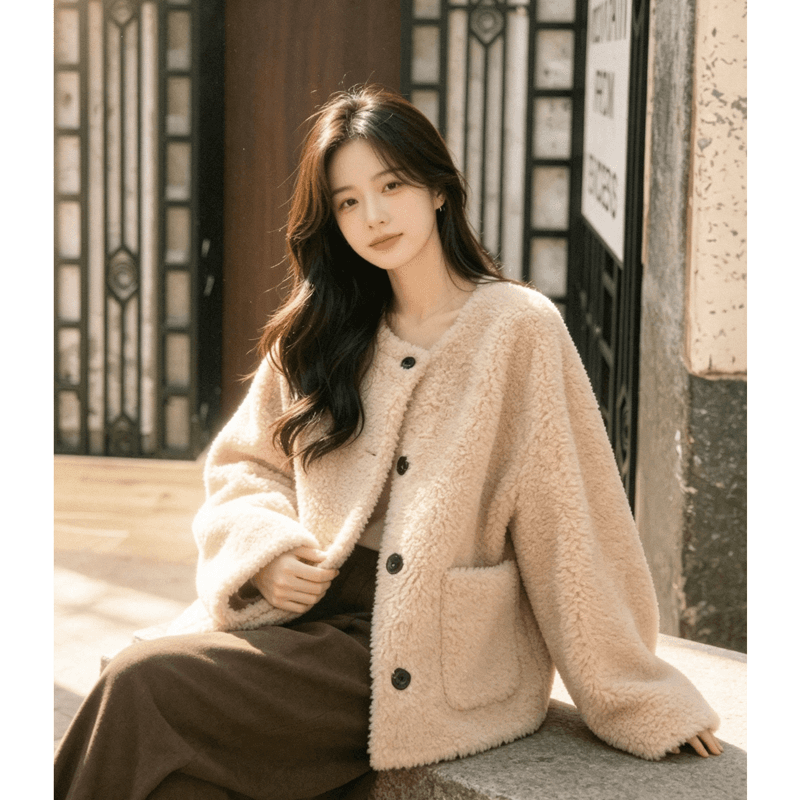 느긋한 바람 양털 여성 코트 2026 가을 겨울철 새로운 루즈핏 두꺼운 피모 하나 캐주얼 연령 감소 맨위 상세 이미지 7