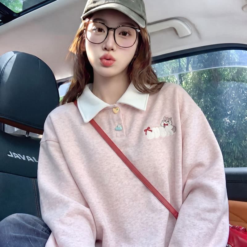 빅 사이즈 여성 의류 얇은 스타일 후드티 디자인 센스 루즈핏 새로운 한 부서 봄 가을 가시 자수 polo 맨위 이미지 5