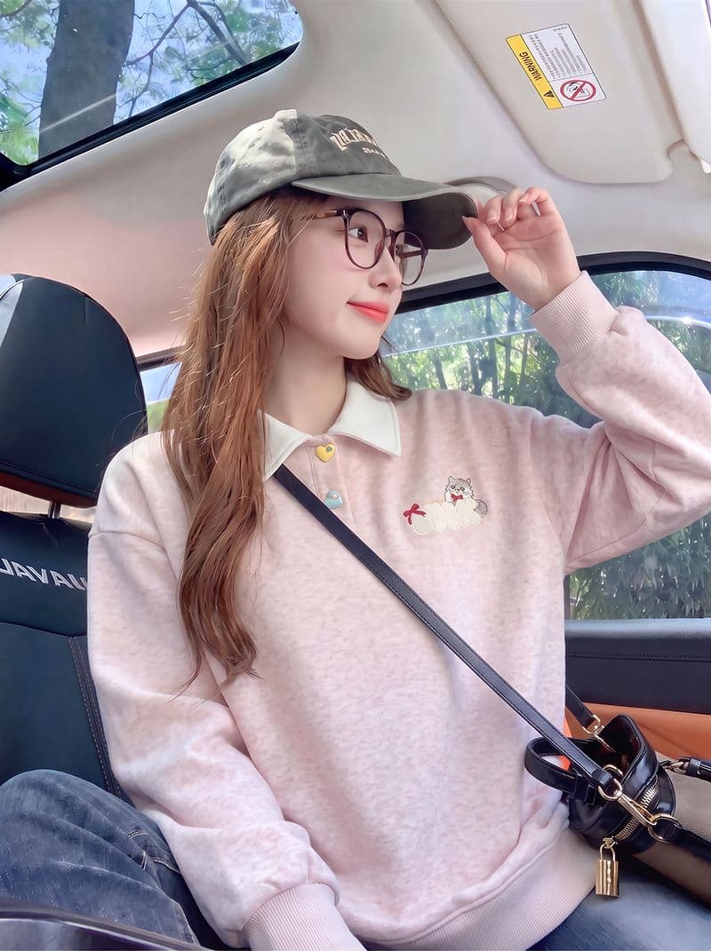 빅 사이즈 여성 의류 얇은 스타일 후드티 디자인 센스 루즈핏 새로운 한 부서 봄 가을 가시 자수 polo 맨위 상세 이미지 8