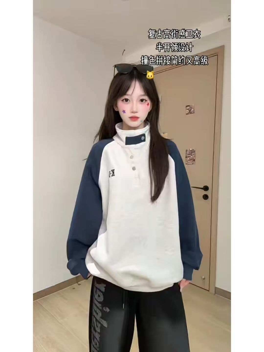 후드티 남녀 커플룩 봄 가을 새로운 얇은 스타일 삽입 어깨 소매 자수 루즈핏 스냅 단추 터틀넥 맨위 이미지 3