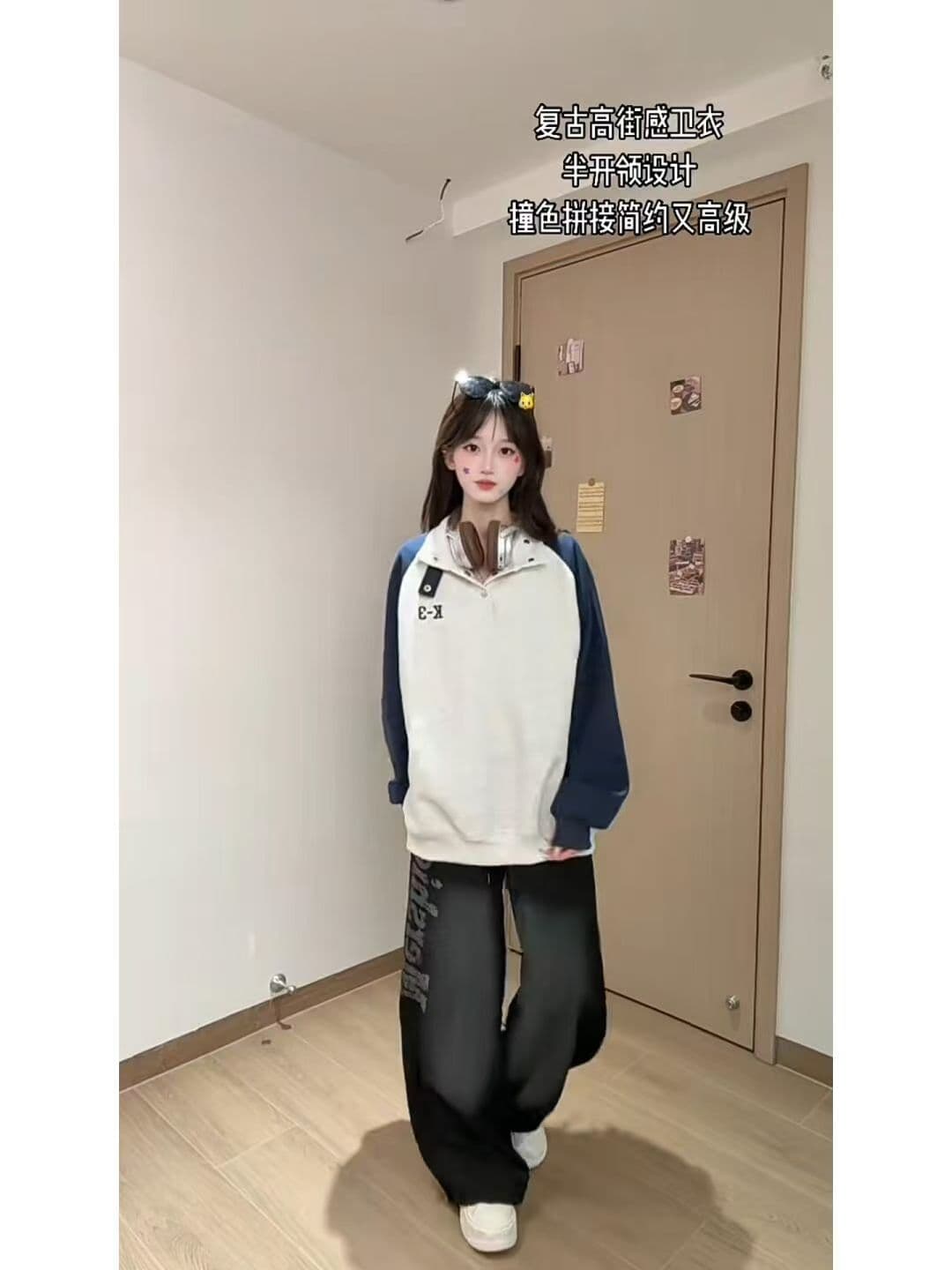 후드티 남녀 커플룩 봄 가을 새로운 얇은 스타일 삽입 어깨 소매 자수 루즈핏 스냅 단추 터틀넥 맨위 이미지 2