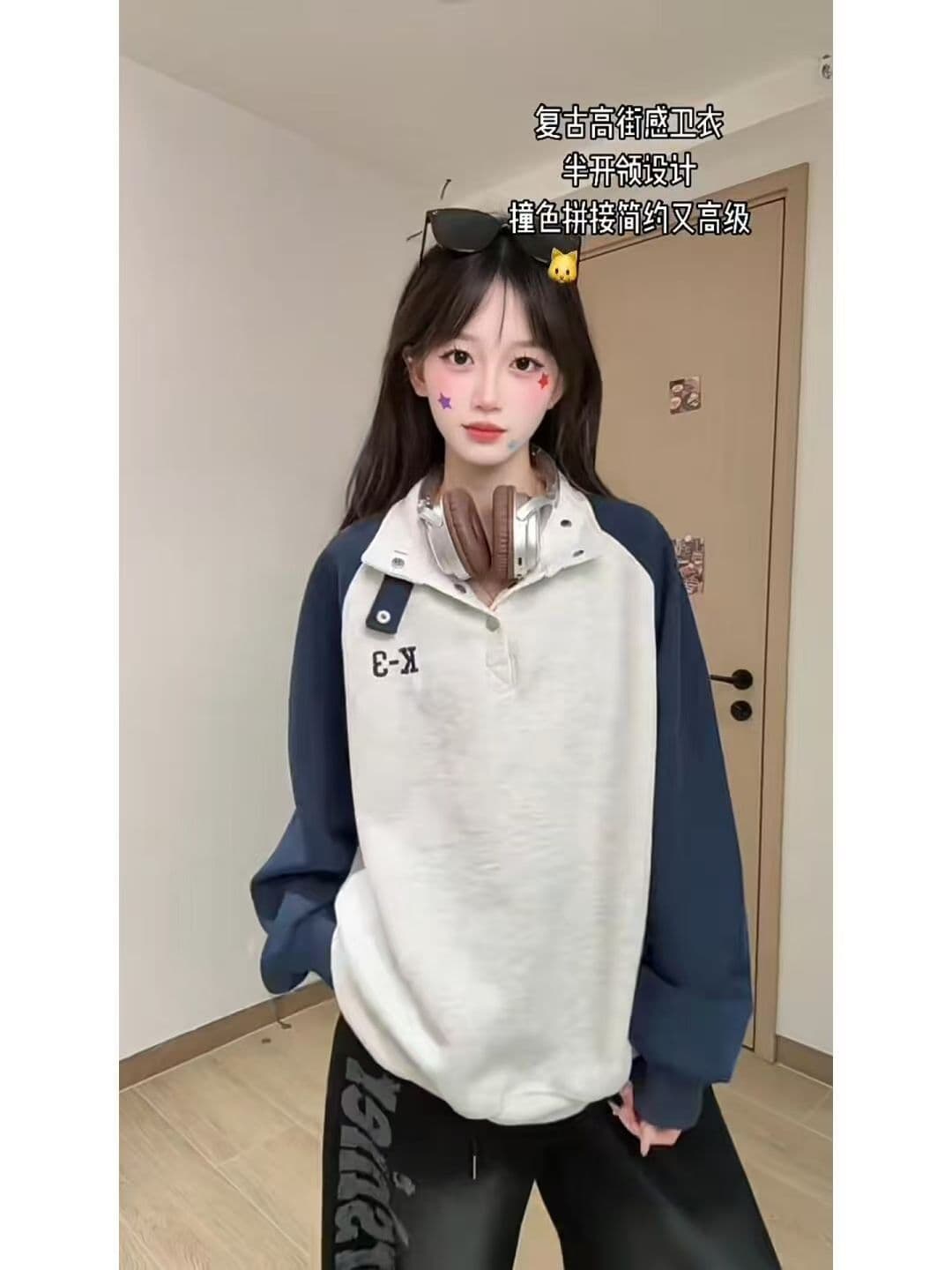 후드티 남녀 커플룩 봄 가을 새로운 얇은 스타일 삽입 어깨 소매 자수 루즈핏 스냅 단추 터틀넥 맨위 상세 이미지 2