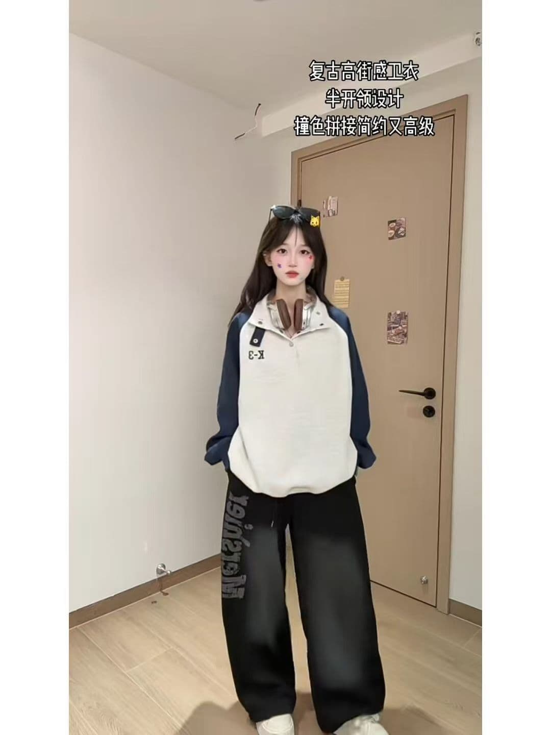 후드티 남녀 커플룩 봄 가을 새로운 얇은 스타일 삽입 어깨 소매 자수 루즈핏 스냅 단추 터틀넥 맨위 상세 이미지 5