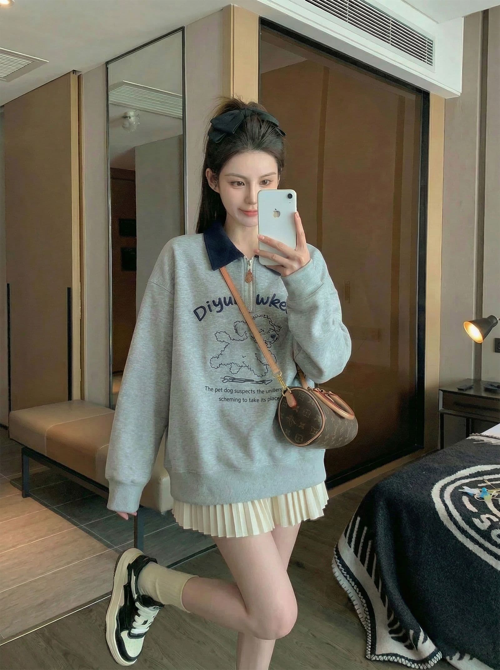 얇은 스타일 후드티 여성 의류 디자인 센스 새로운 지퍼 봄 가을 자수 루즈핏 배색 POLO 칼라 맨위 이미지 3