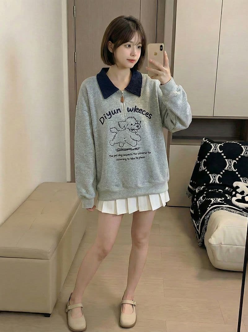 얇은 스타일 후드티 여성 의류 디자인 센스 새로운 지퍼 봄 가을 자수 루즈핏 배색 POLO 칼라 맨위 상세 이미지 6