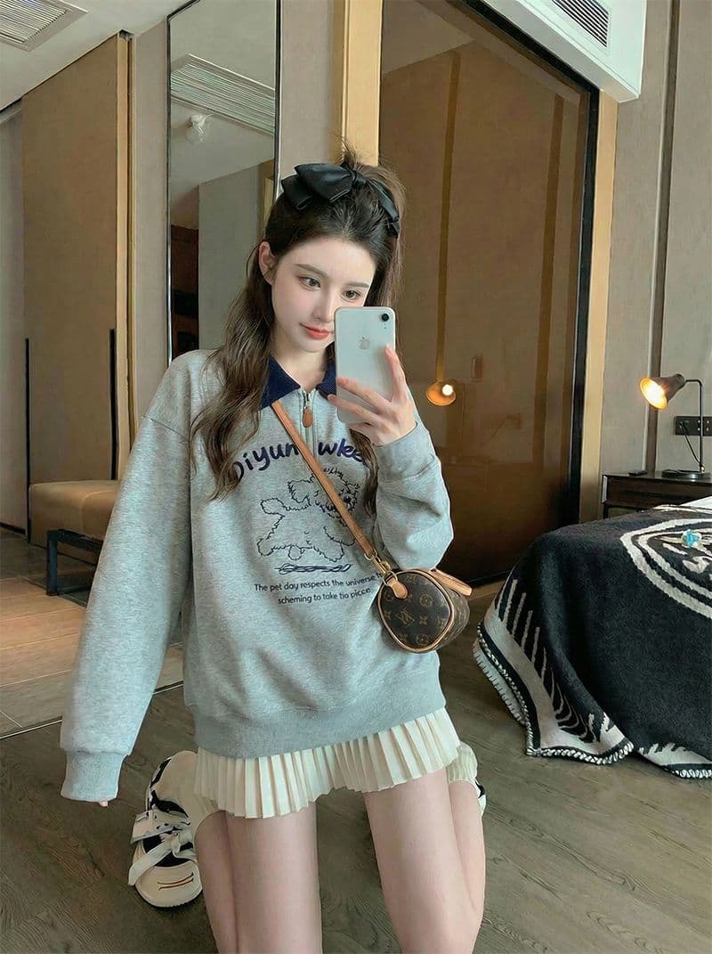 얇은 스타일 후드티 여성 의류 디자인 센스 새로운 지퍼 봄 가을 자수 루즈핏 배색 POLO 칼라 맨위 상세 이미지 9
