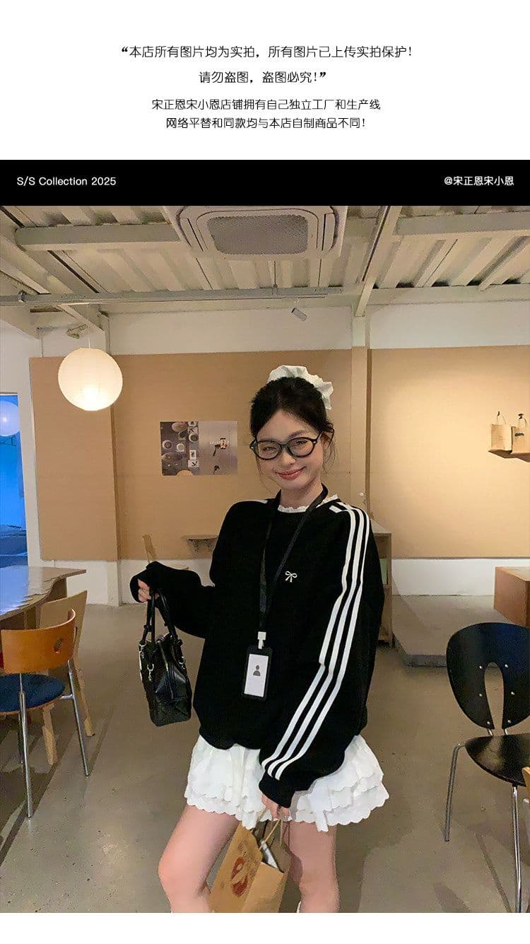 후드티 여성 봄 가을 새로운 얇은 스타일 세 도로 바 페이크 레이어드 루즈핏 자수 꽃 봉오리 실크 라운드 넥 맨위 상세 이미지 7