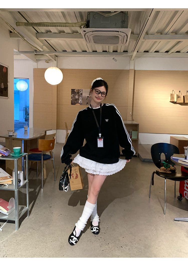 후드티 여성 봄 가을 새로운 얇은 스타일 세 도로 바 페이크 레이어드 루즈핏 자수 꽃 봉오리 실크 라운드 넥 맨위 상세 이미지 18