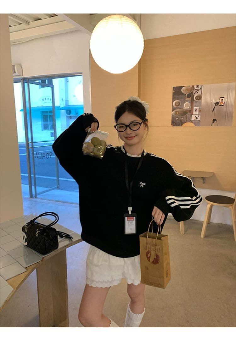 후드티 여성 봄 가을 새로운 얇은 스타일 세 도로 바 페이크 레이어드 루즈핏 자수 꽃 봉오리 실크 라운드 넥 맨위 상세 이미지 20