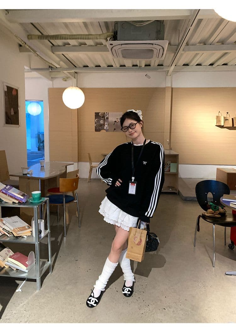 후드티 여성 봄 가을 새로운 얇은 스타일 세 도로 바 페이크 레이어드 루즈핏 자수 꽃 봉오리 실크 라운드 넥 맨위 상세 이미지 21