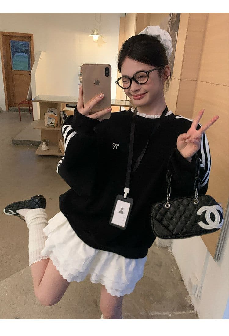 후드티 여성 봄 가을 새로운 얇은 스타일 세 도로 바 페이크 레이어드 루즈핏 자수 꽃 봉오리 실크 라운드 넥 맨위 상세 이미지 22