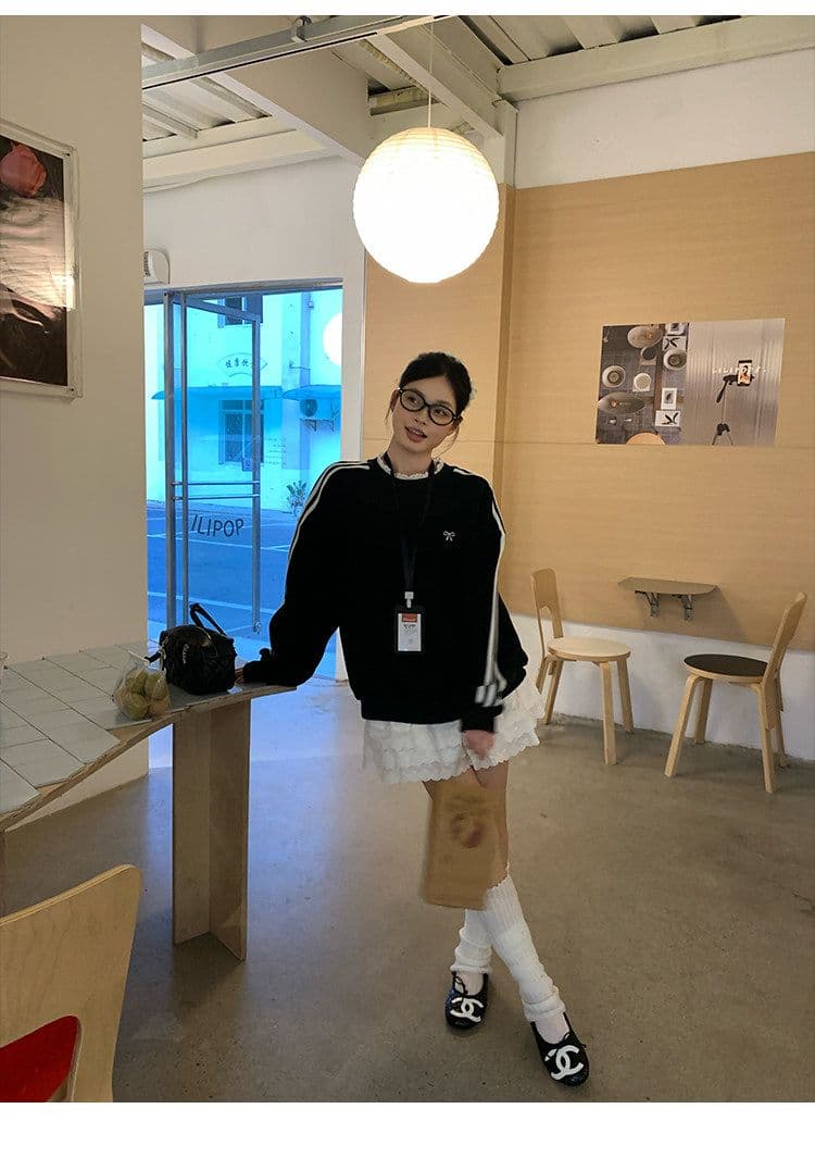 후드티 여성 봄 가을 새로운 얇은 스타일 세 도로 바 페이크 레이어드 루즈핏 자수 꽃 봉오리 실크 라운드 넥 맨위 상세 이미지 29