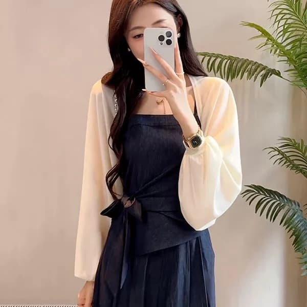 yuanliansu 둥근 얼굴 파삭 파삭 한 딩펑 주문 천 금빛 바람 오픈 가디건 캐미솔 와이드 레그 팬츠 세트 이미지 4