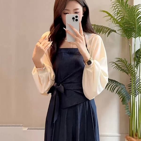 yuanliansu 둥근 얼굴 파삭 파삭 한 딩펑 주문 천 금빛 바람 오픈 가디건 캐미솔 와이드 레그 팬츠 세트 이미지 2