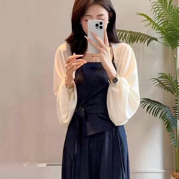 yuanliansu 둥근 얼굴 파삭 파삭 한 딩펑 주문 천 금빛 바람 오픈 가디건 캐미솔 와이드 레그 팬츠 세트 상세 이미지 4
