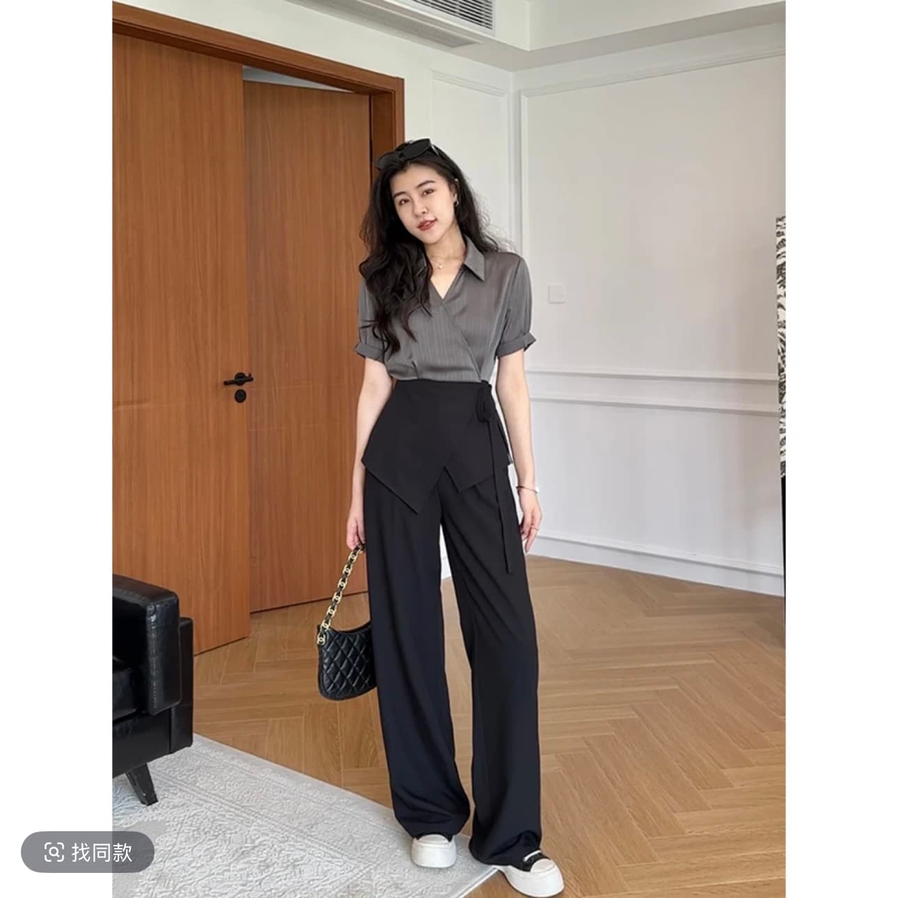 장 A 스타 시티 패스 킹 킹 블랙 회색 고급 배색 허리 수축 셔츠 슬림해 보이는 스트레이트 팬츠 이미지 3