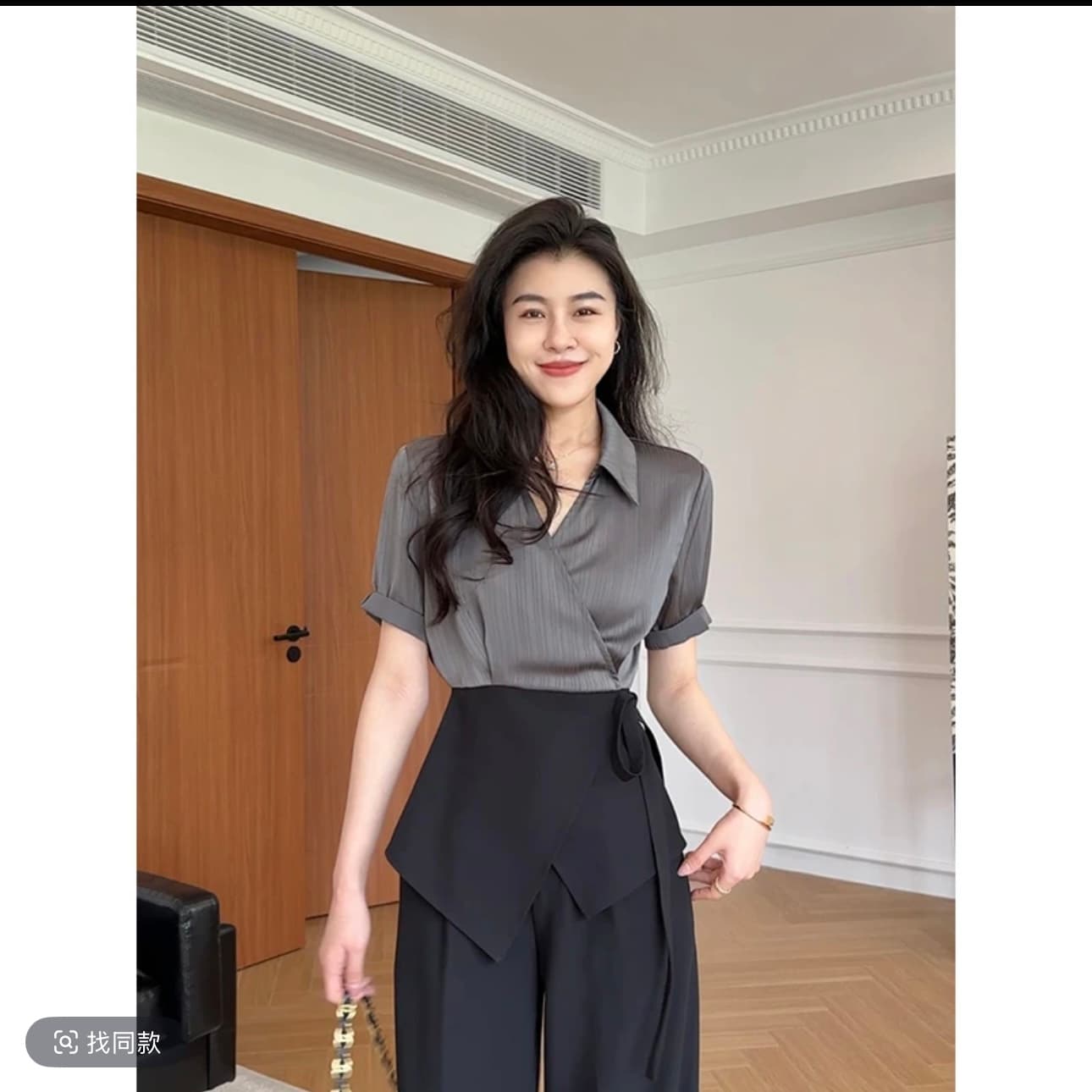 장 A 스타 시티 패스 킹 킹 블랙 회색 고급 배색 허리 수축 셔츠 슬림해 보이는 스트레이트 팬츠 이미지 4
