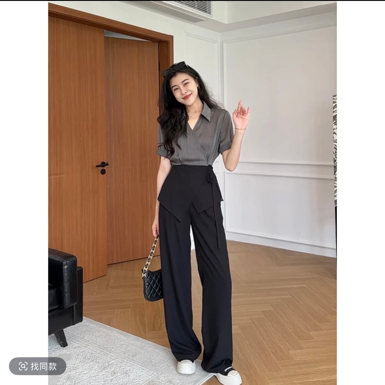 장 A 스타 시티 패스 킹 킹 블랙 회색 고급 배색 허리 수축 셔츠 슬림해 보이는 스트레이트 팬츠 상세 이미지 2
